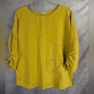 John Mark 100% Linen Bold Yellow Tunic With Square Buttons On Back Ragged Hems